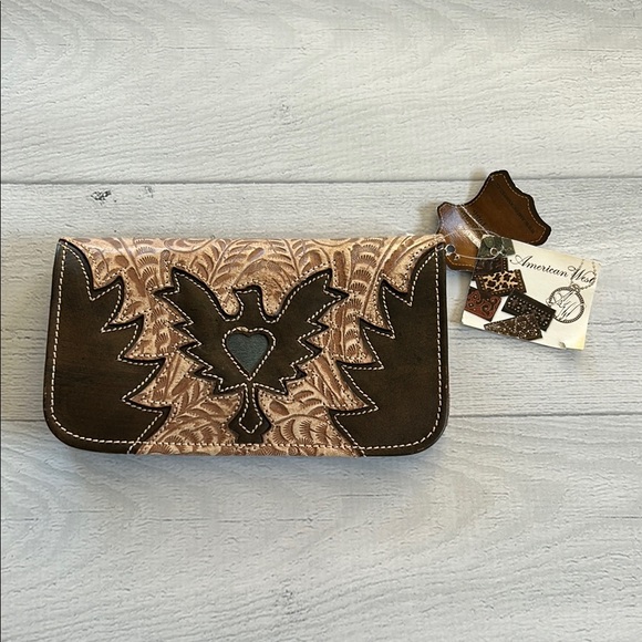 NWT American West Eagle Heart Brown Leather Tri-Fold Wallet